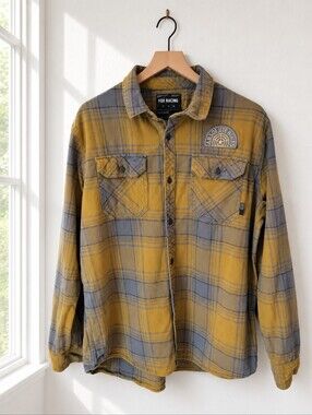 Fox Racing Plaid Flannel Button Up Shirt XL Olive Yellow Green Gray Streetwear